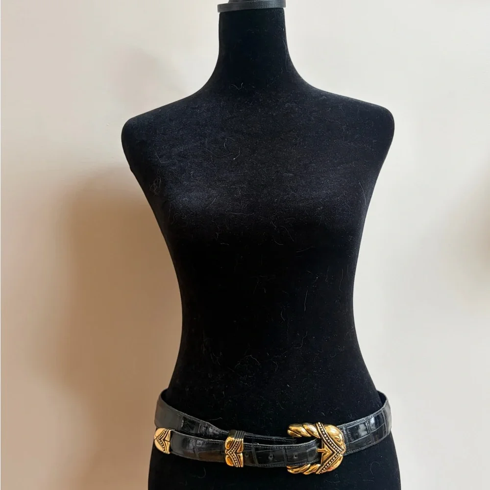 Vicenza Sport Vintage Calfskin Leather Alligator Print Black Belt Gold Tn Buckle